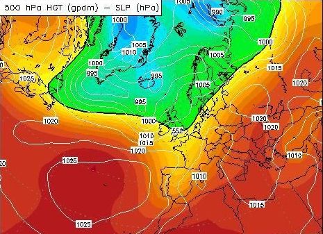 sea level pressure and heights of 500 hPa pressure level 1200 GMT